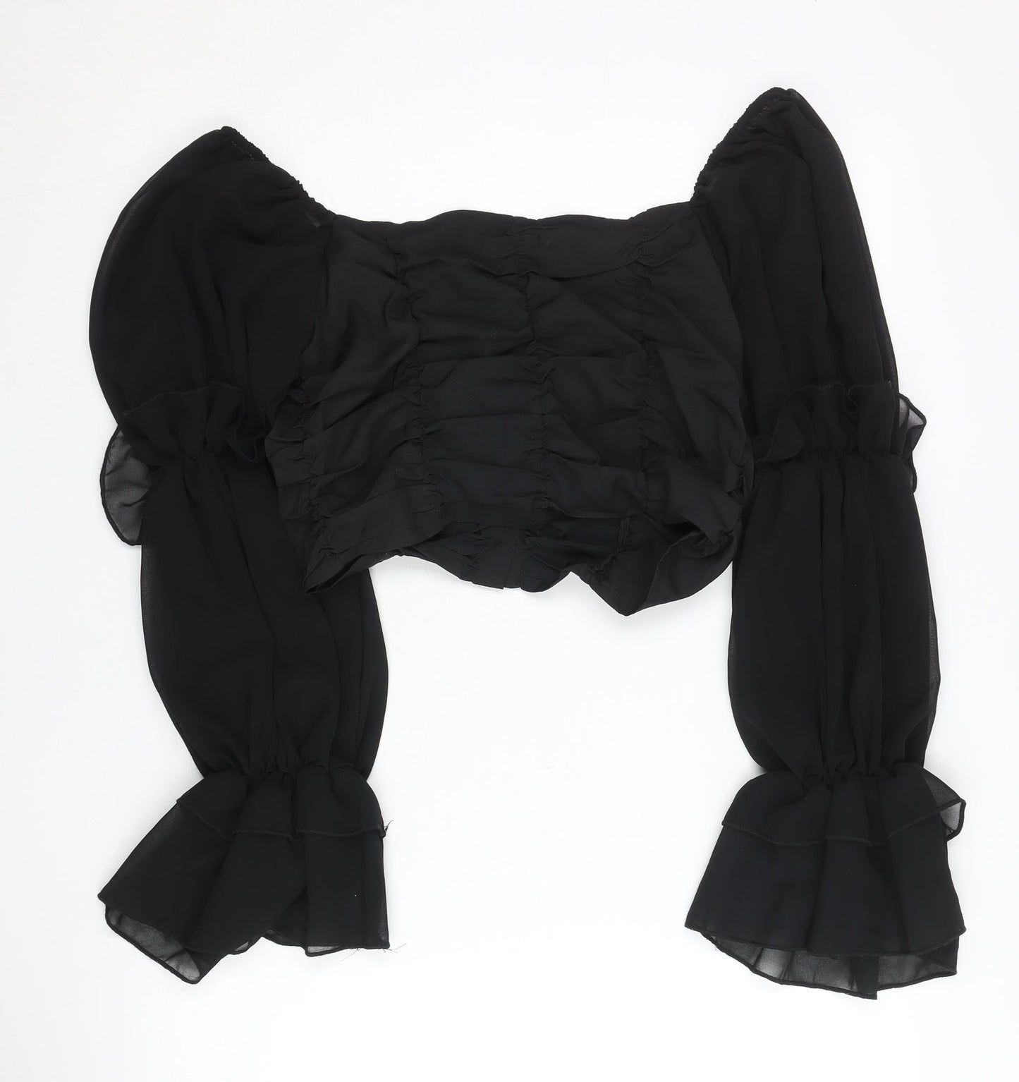 Boohoo Womens Black Size 10 Cropped Puff Sleeve Chiffon Blouse