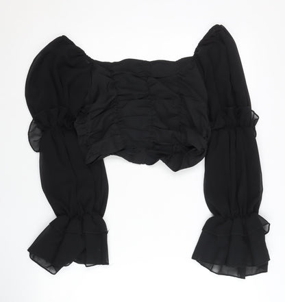 Boohoo Womens Black Size 10 Cropped Puff Sleeve Chiffon Blouse