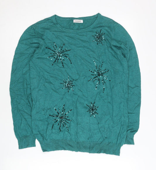 Damart Womens Green Sequin Pullover Jumper Size 14/16 Crew Neck