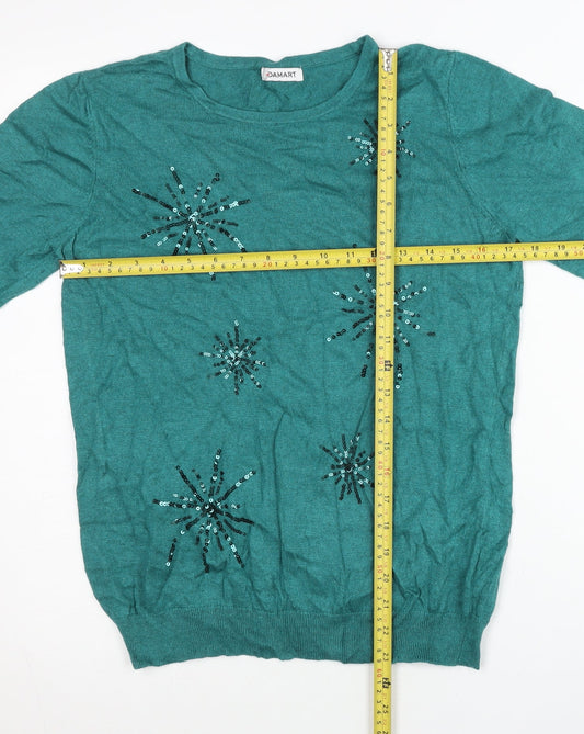Damart Womens Green Sequin Pullover Jumper Size 14/16 Crew Neck