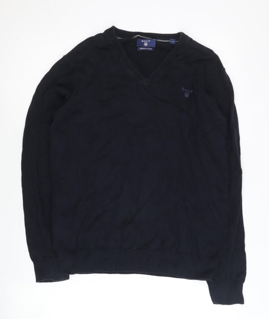 Gant Men's Black Cotton V-Neck Pullover Jumper Size M