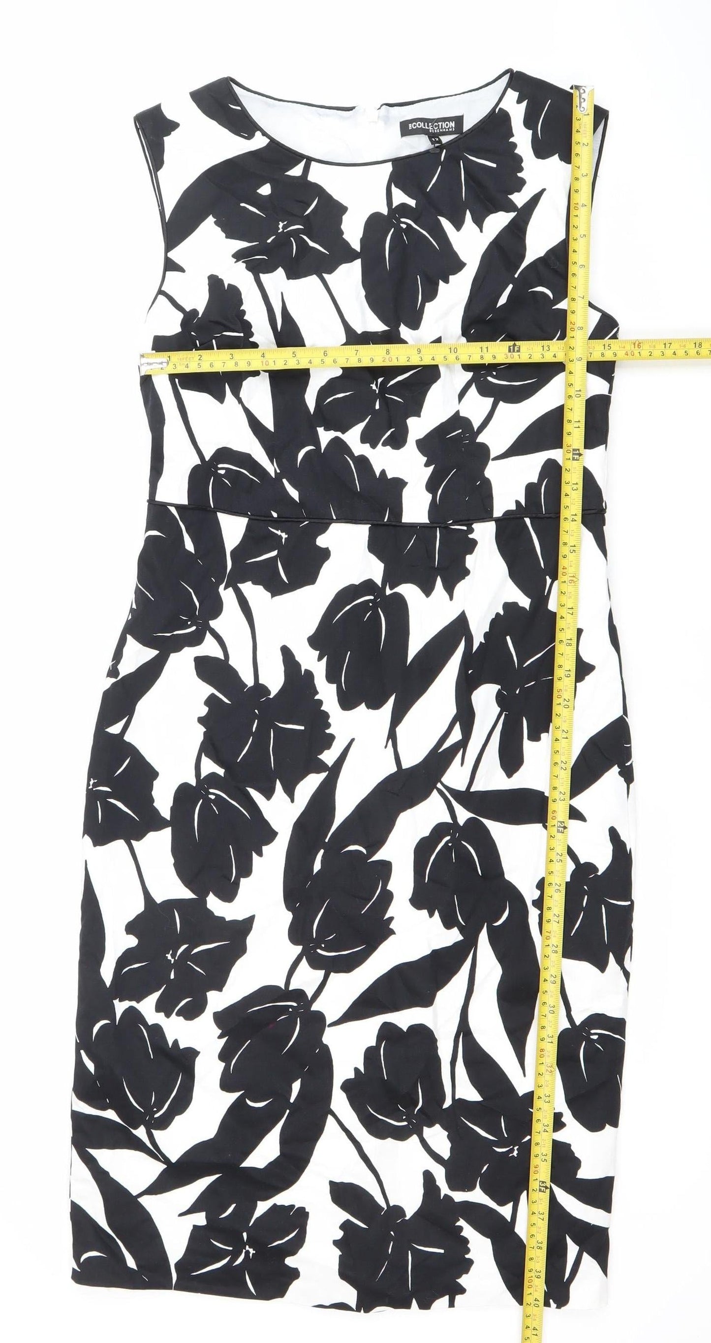 Debenhams Women’s Black White Floral Sheath Dress Size 12 Knee Length