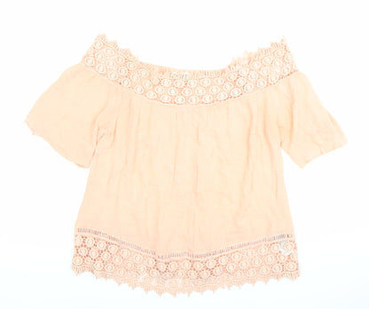 Miss Selfridge Womens Pink Off Shoulder Crochet Cotton Blouse Size 8