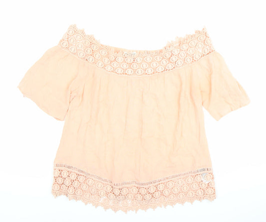 Miss Selfridge Womens Pink Off Shoulder Crochet Cotton Blouse Size 8