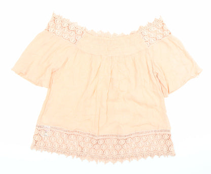 Miss Selfridge Womens Pink Off Shoulder Crochet Cotton Blouse Size 8