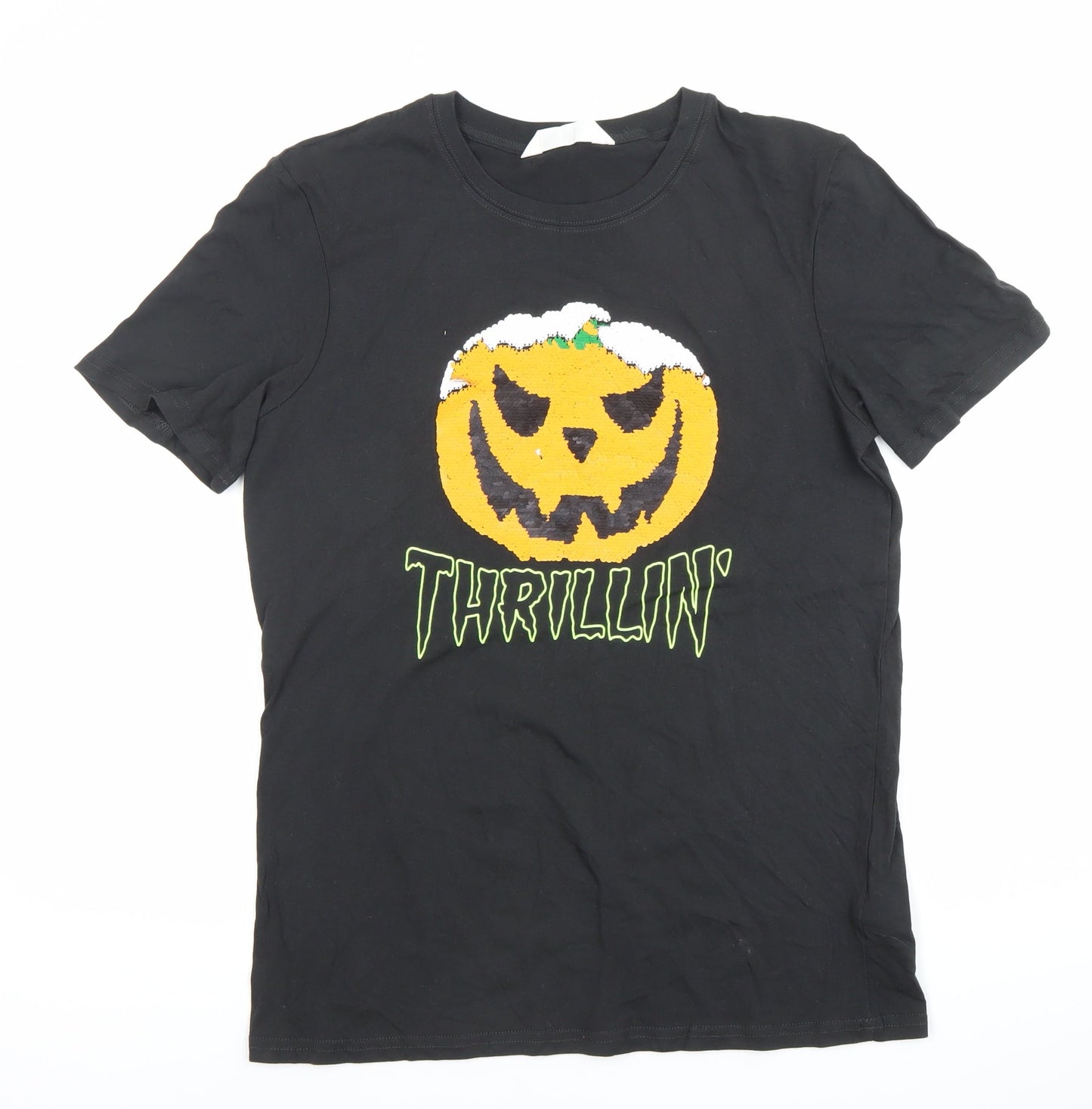 H&M Boys Black Halloween Pumpkin Sequin Graphic T-Shirt 12-13 Years