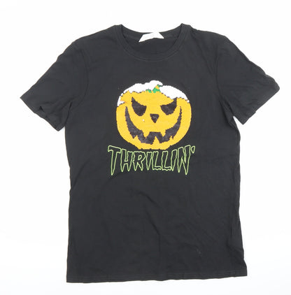 H&M Boys Black Halloween Pumpkin Sequin Graphic T-Shirt 12-13 Years