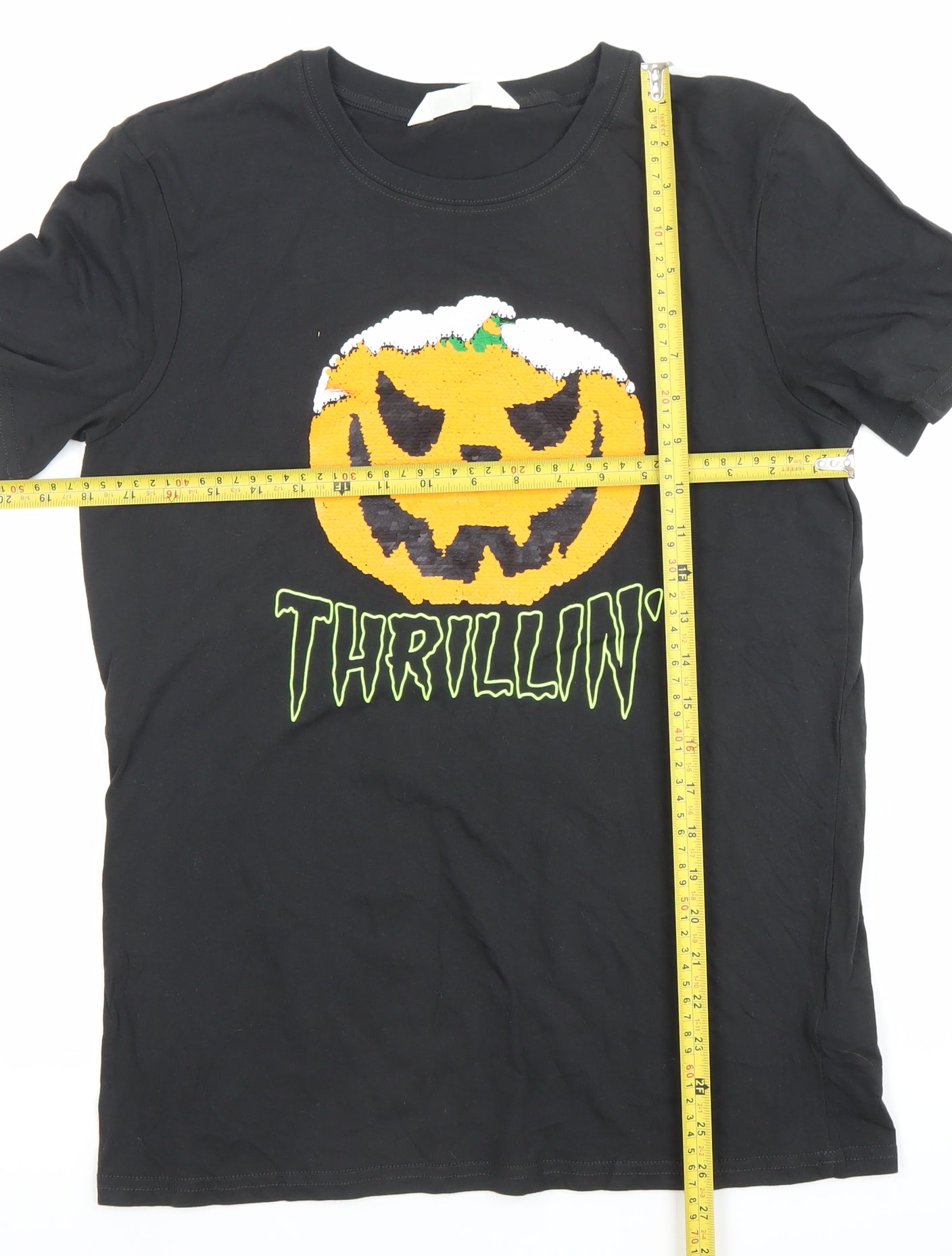 H&M Boys Black Halloween Pumpkin Sequin Graphic T-Shirt 12-13 Years