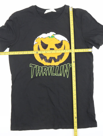 H&M Boys Black Halloween Pumpkin Sequin Graphic T-Shirt 12-13 Years