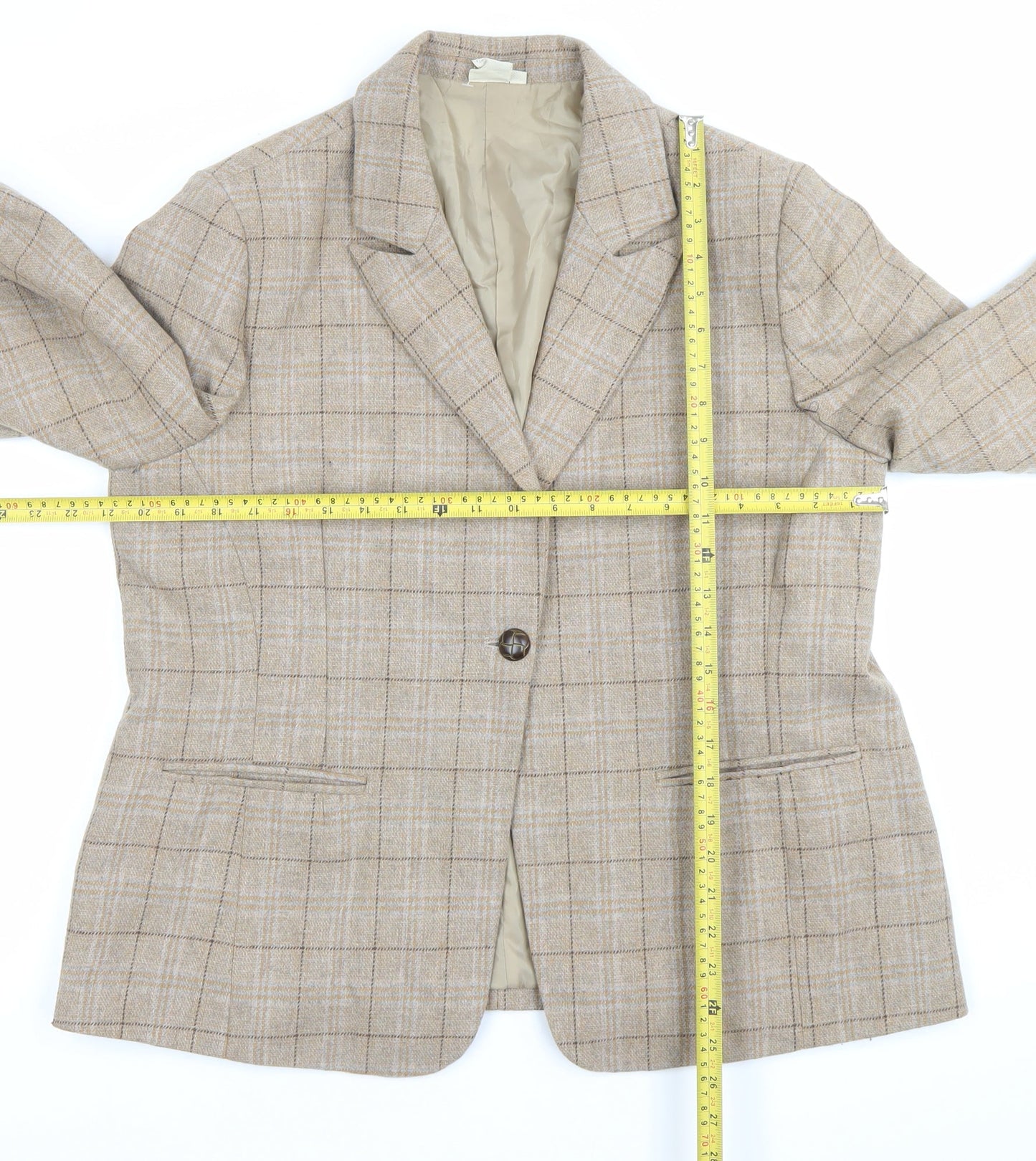 Cotton Traders Women's Beige Check Blazer Size 16 Single-Breasted Jacket
