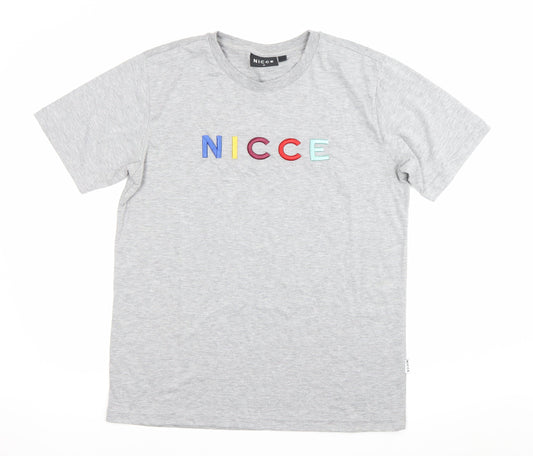Nicce Mens Grey Embroidered Logo T-Shirt Size M Crew Neck