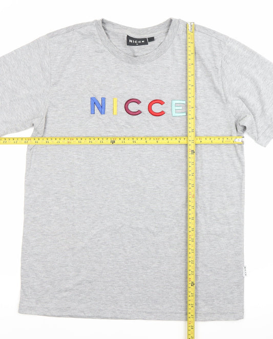 Nicce Mens Grey Embroidered Logo T-Shirt Size M Crew Neck