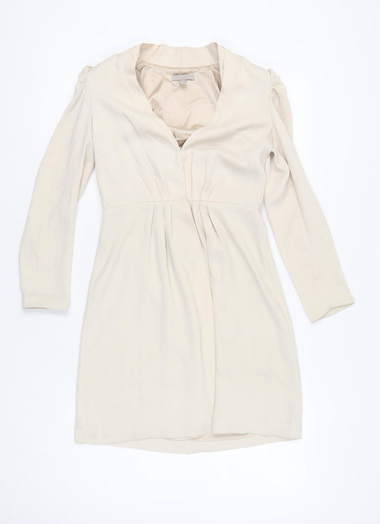 H&M Women Beige Sheath Dress Size 8 Puff Sleeve V-Neck