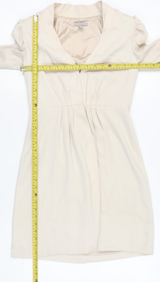 H&M Women Beige Sheath Dress Size 8 Puff Sleeve V-Neck
