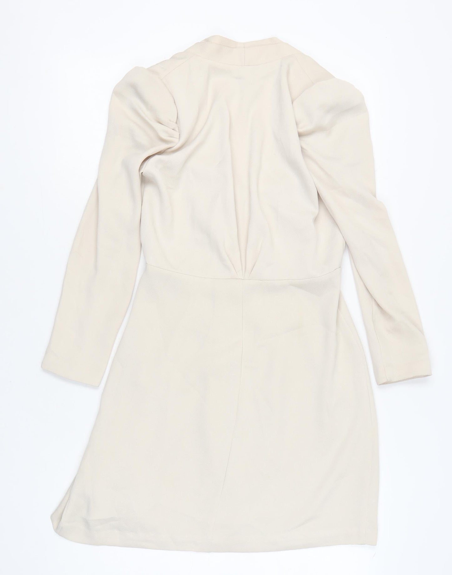 H&M Women Beige Sheath Dress Size 8 Puff Sleeve V-Neck