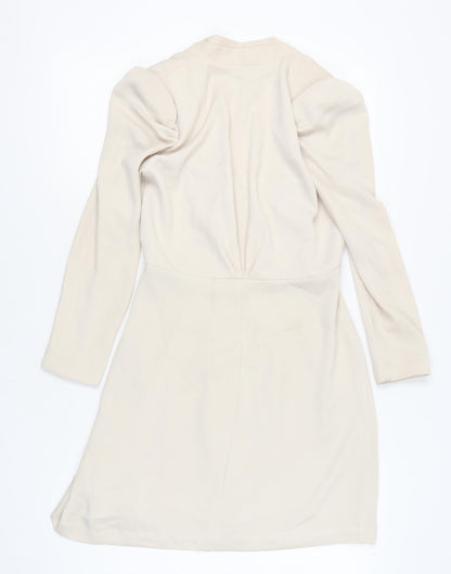H&M Women Beige Sheath Dress Size 8 Puff Sleeve V-Neck
