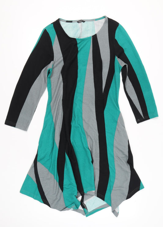Roman Women’s Green Grey Black A-Line Jersey Dress Size 16 Long Sleeve Scoop Neck
