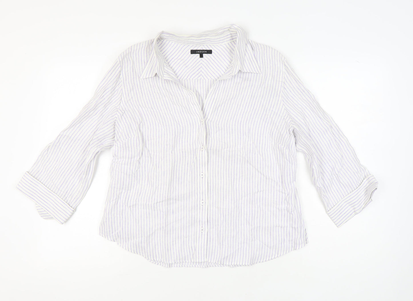 Jaeger Womens White Striped Linen Button-Up Shirt UK 18 3/4 Sleeve