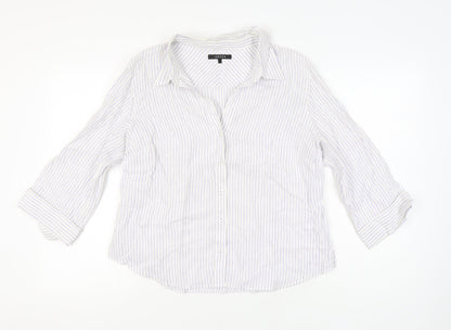 Jaeger Womens White Striped Linen Button-Up Shirt UK 18 3/4 Sleeve