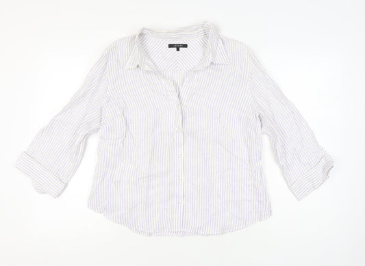 Jaeger Womens White Striped Linen Button-Up Shirt UK 18 3/4 Sleeve