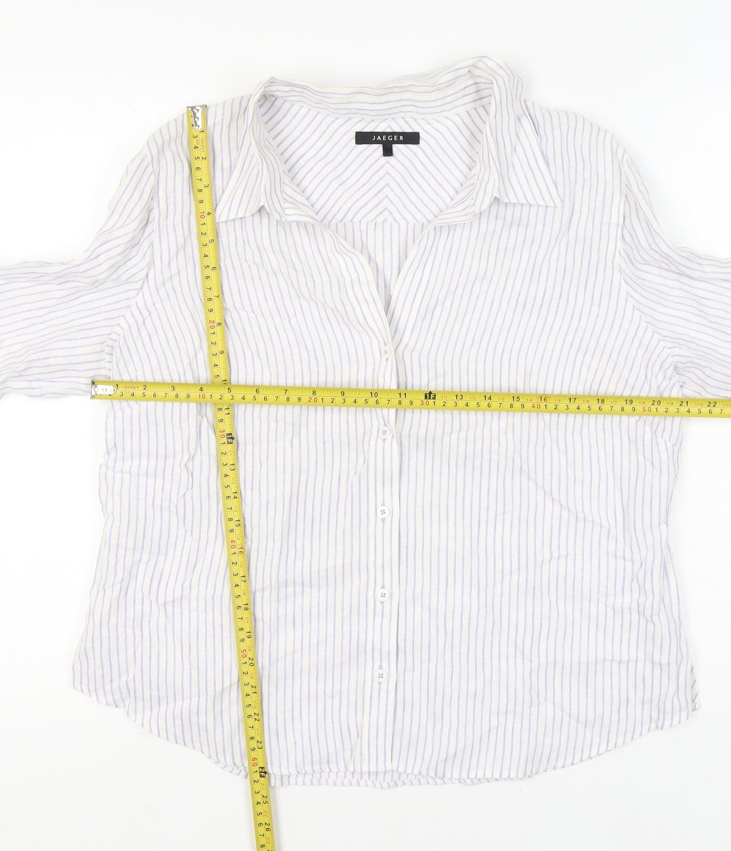 Jaeger Womens White Striped Linen Button-Up Shirt UK 18 3/4 Sleeve