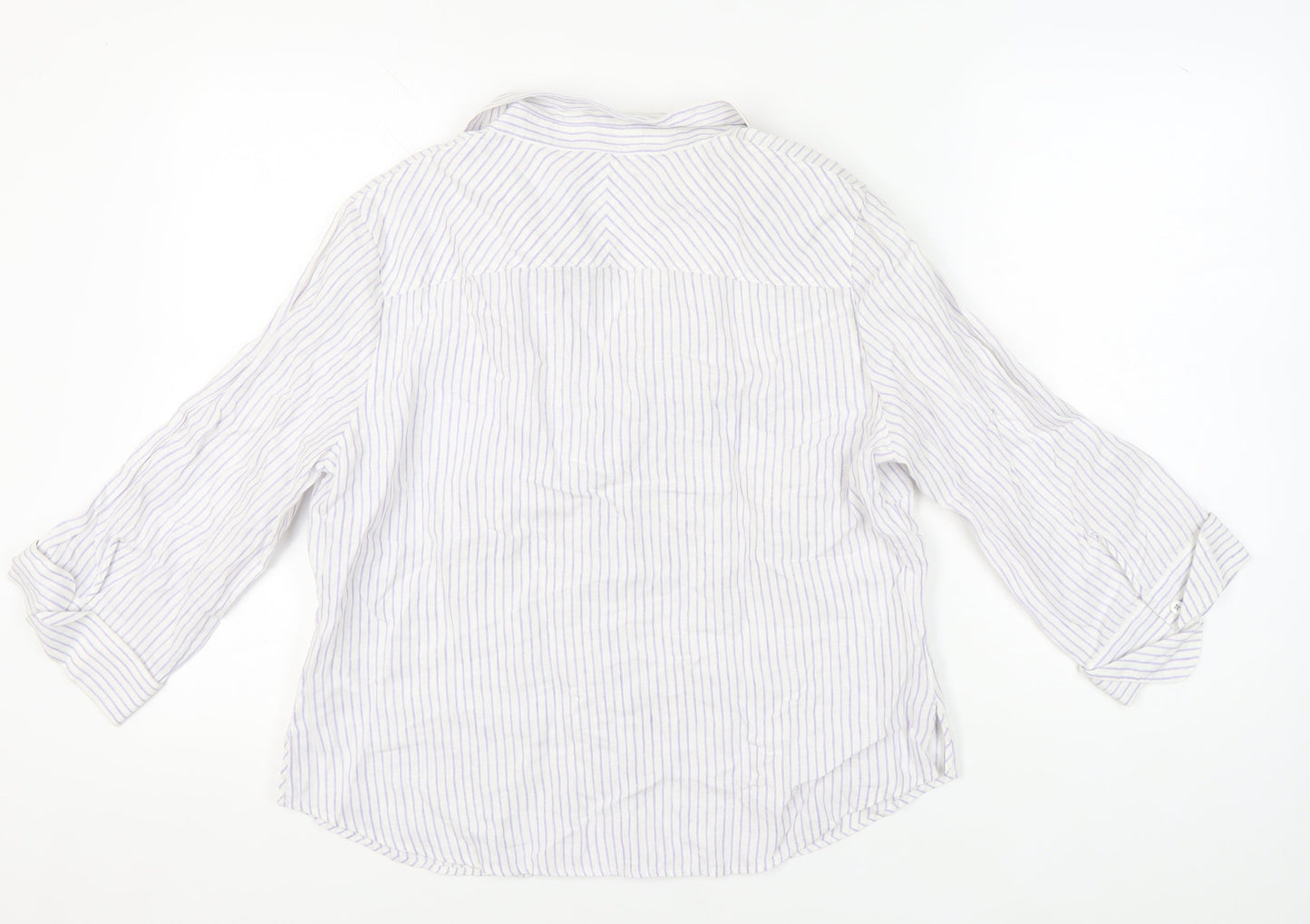Jaeger Womens White Striped Linen Button-Up Shirt UK 18 3/4 Sleeve