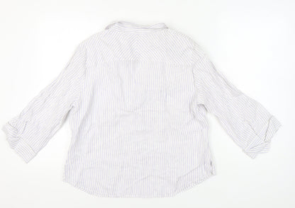 Jaeger Womens White Striped Linen Button-Up Shirt UK 18 3/4 Sleeve