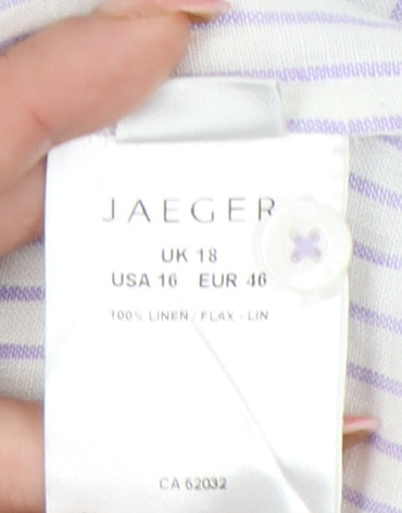 Jaeger Womens White Striped Linen Button-Up Shirt UK 18 3/4 Sleeve