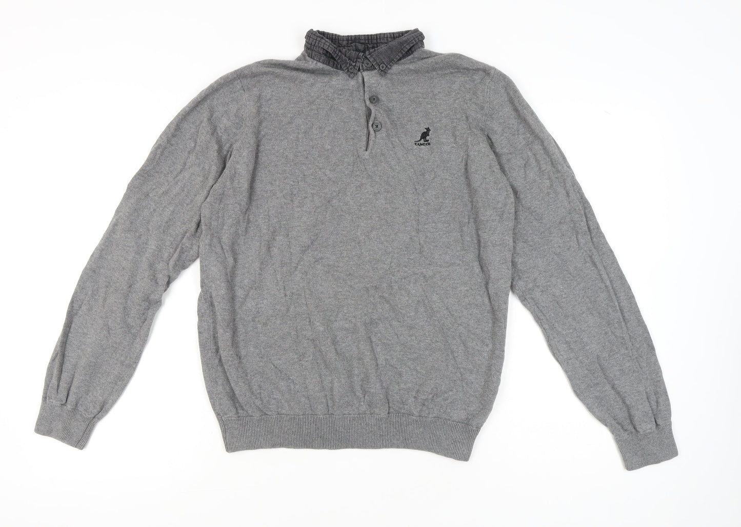 Kangol Mens Grey Cotton Henley Jumper Size L Long Sleeve Casual