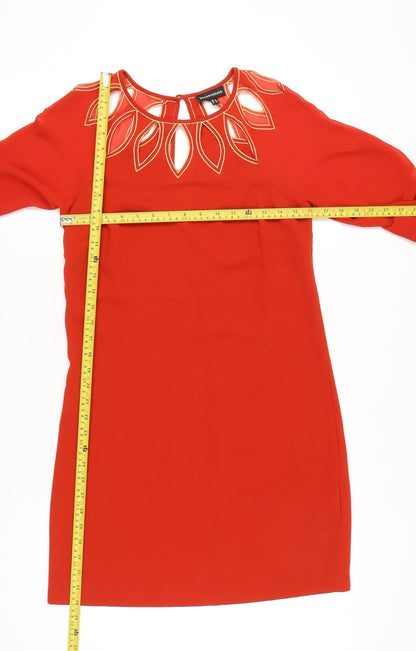 Warehouse Women’s Red Shift Dress Size 8 Embroidered Long Sleeve Party
