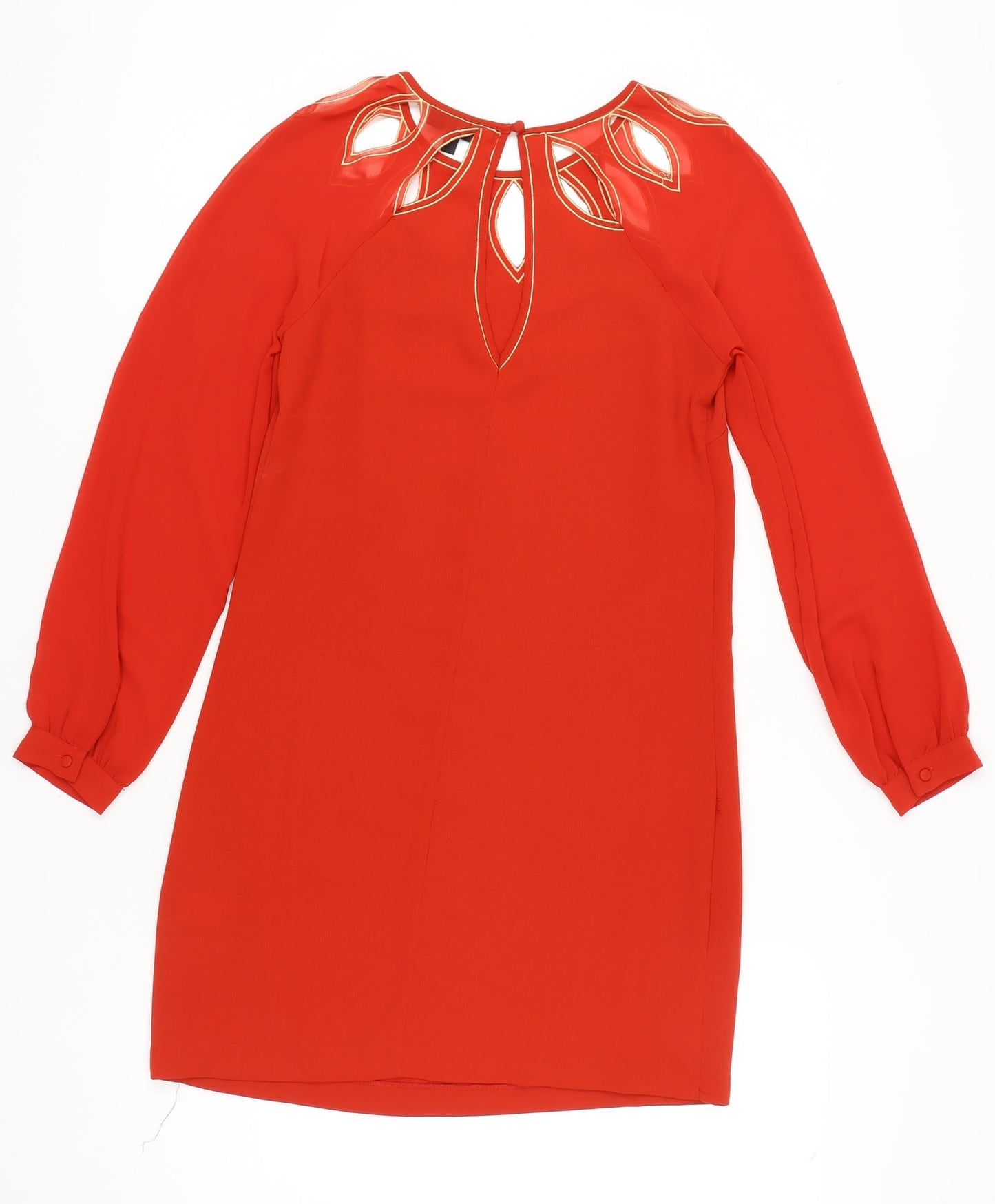 Warehouse Women’s Red Shift Dress Size 8 Embroidered Long Sleeve Party