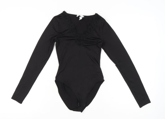 H&M Women Black XS Lace V-Neck Bodysuit Long Sleeve Stretch