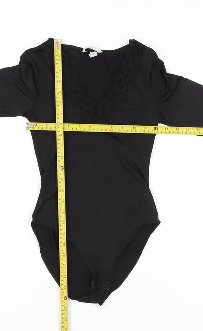 H&M Women Black XS Lace V-Neck Bodysuit Long Sleeve Stretch
