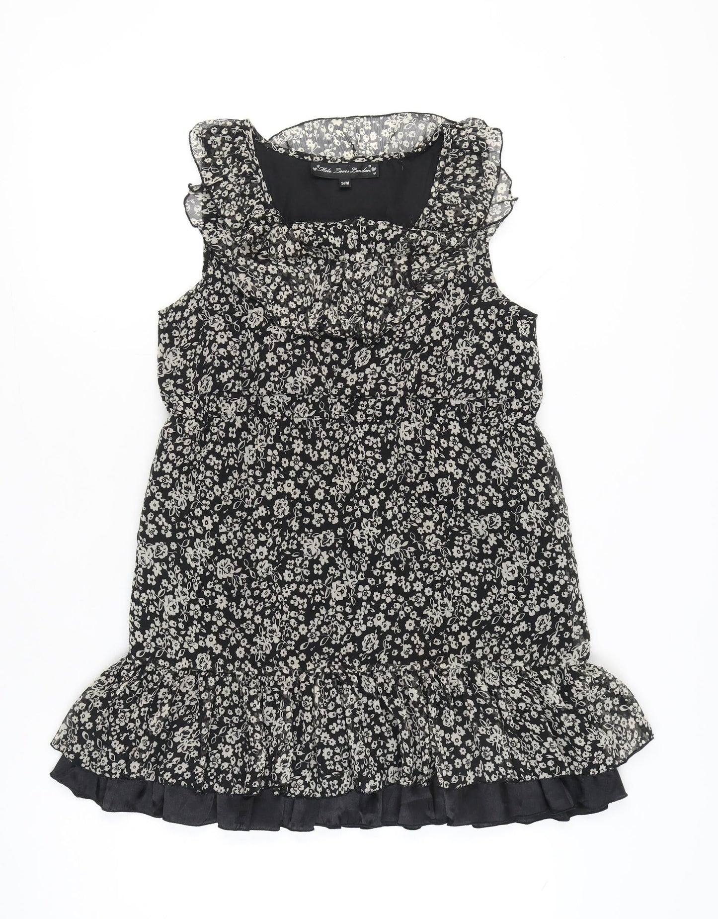 Mela Loves London Women’s Black Floral Ruffle Shift Dress S