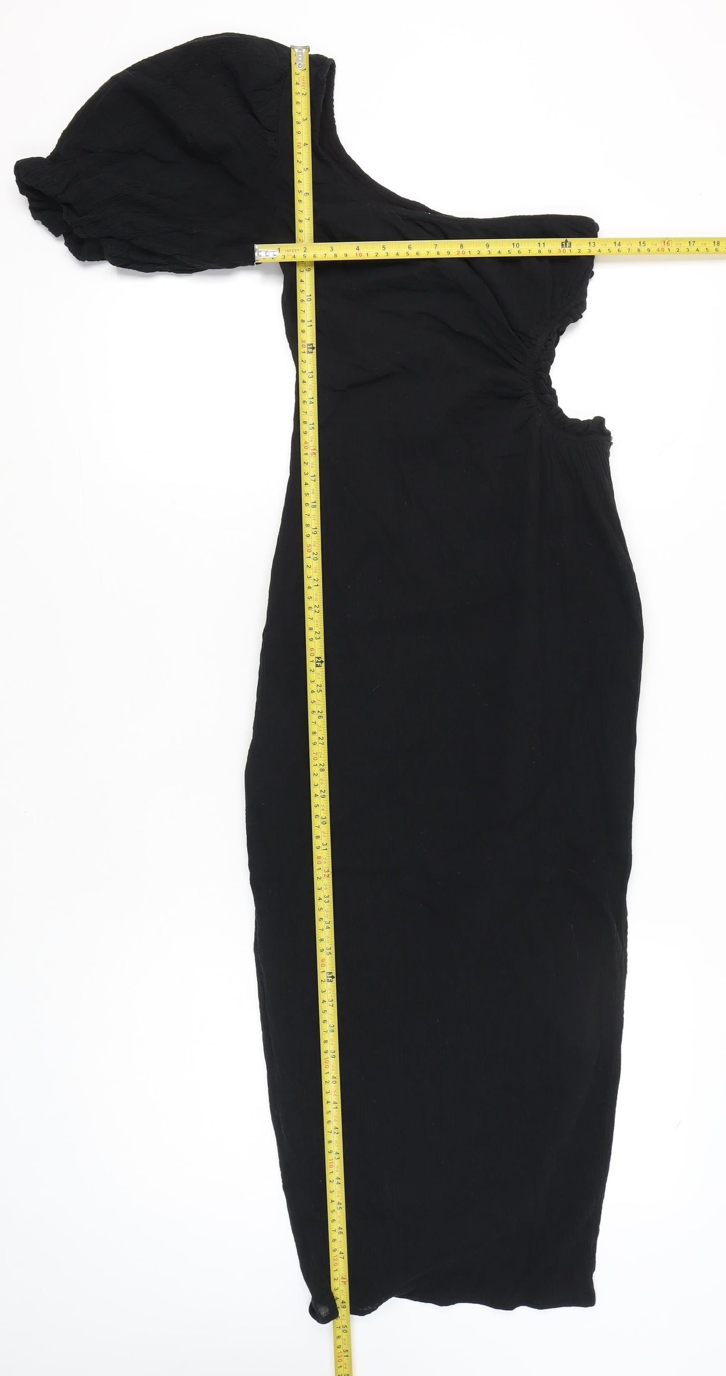 Seven Wonders Women’s Black Size 8 One Shoulder Puff Sleeve Cotton Bodycon Midi Dress