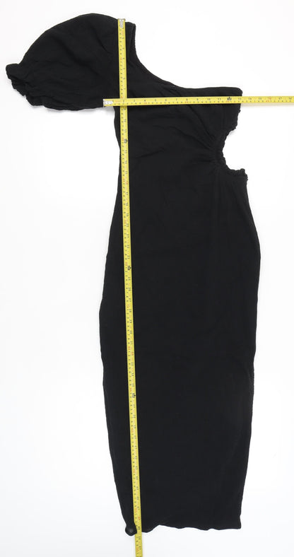 Seven Wonders Women’s Black Size 8 One Shoulder Puff Sleeve Cotton Bodycon Midi Dress