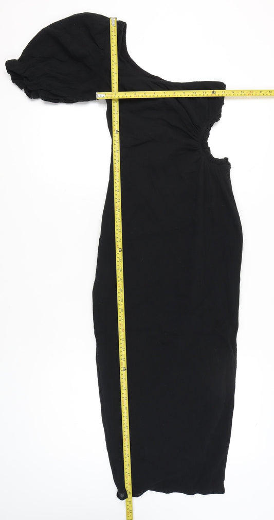 Seven Wonders Women’s Black Size 8 One Shoulder Puff Sleeve Cotton Bodycon Midi Dress