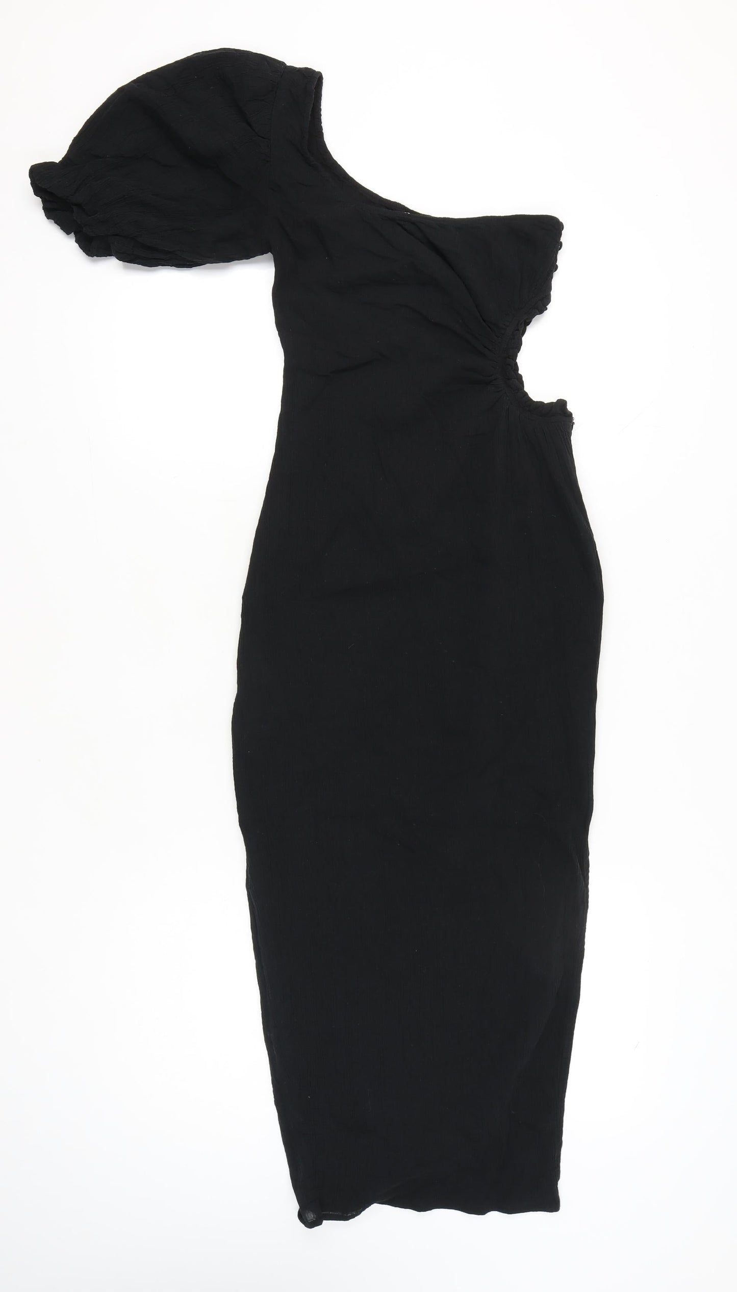 Seven Wonders Women’s Black Size 8 One Shoulder Puff Sleeve Cotton Bodycon Midi Dress