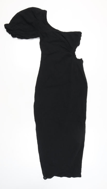 Seven Wonders Women’s Black Size 8 One Shoulder Puff Sleeve Cotton Bodycon Midi Dress