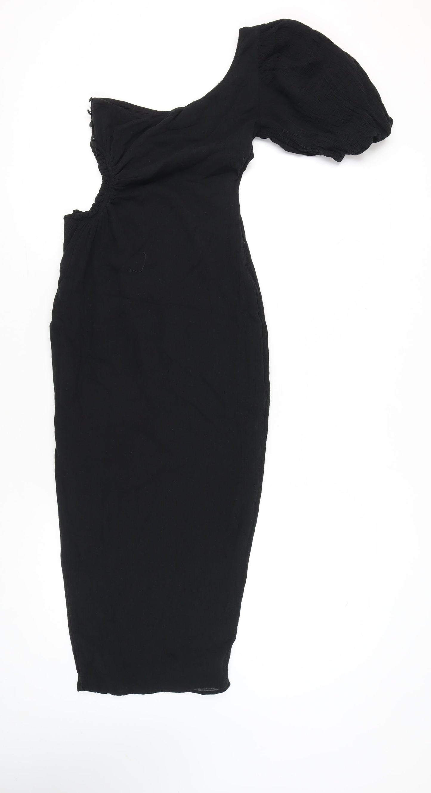 Seven Wonders Women’s Black Size 8 One Shoulder Puff Sleeve Cotton Bodycon Midi Dress