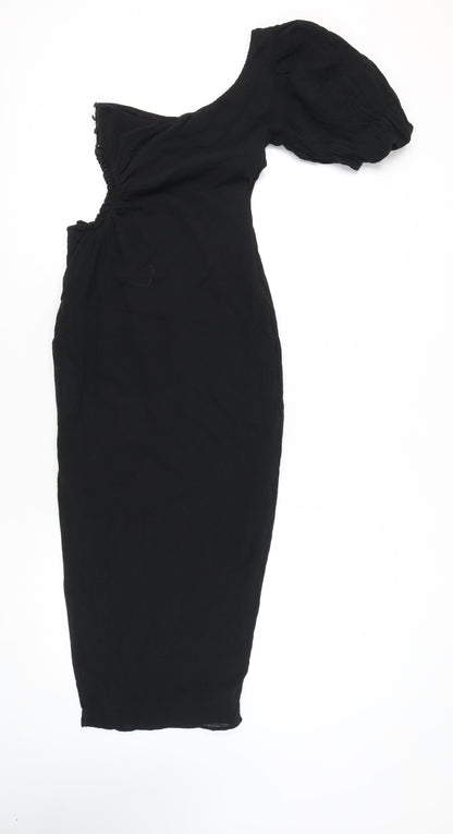 Seven Wonders Women’s Black Size 8 One Shoulder Puff Sleeve Cotton Bodycon Midi Dress