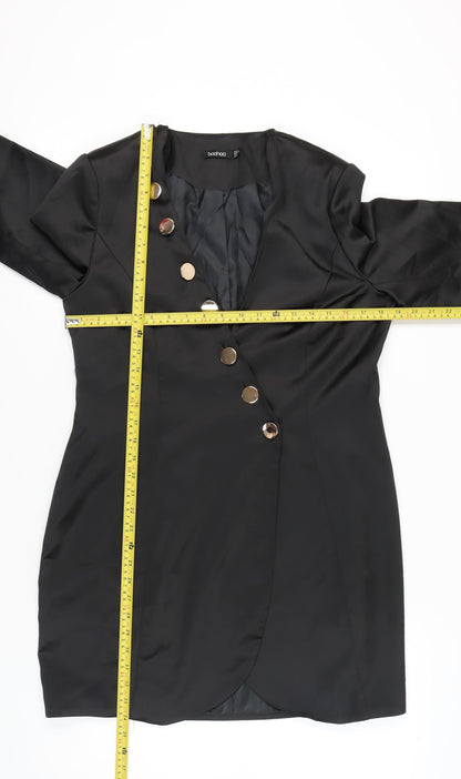 Boohoo Women Black Size 14 Shift Mini Dress Long Sleeve V-Neck
