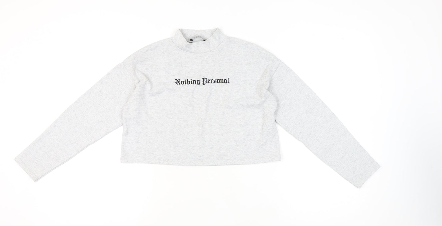 Bershka Women's Grey Cropped Mock Neck Long Sleeve T-Shirt Size 8