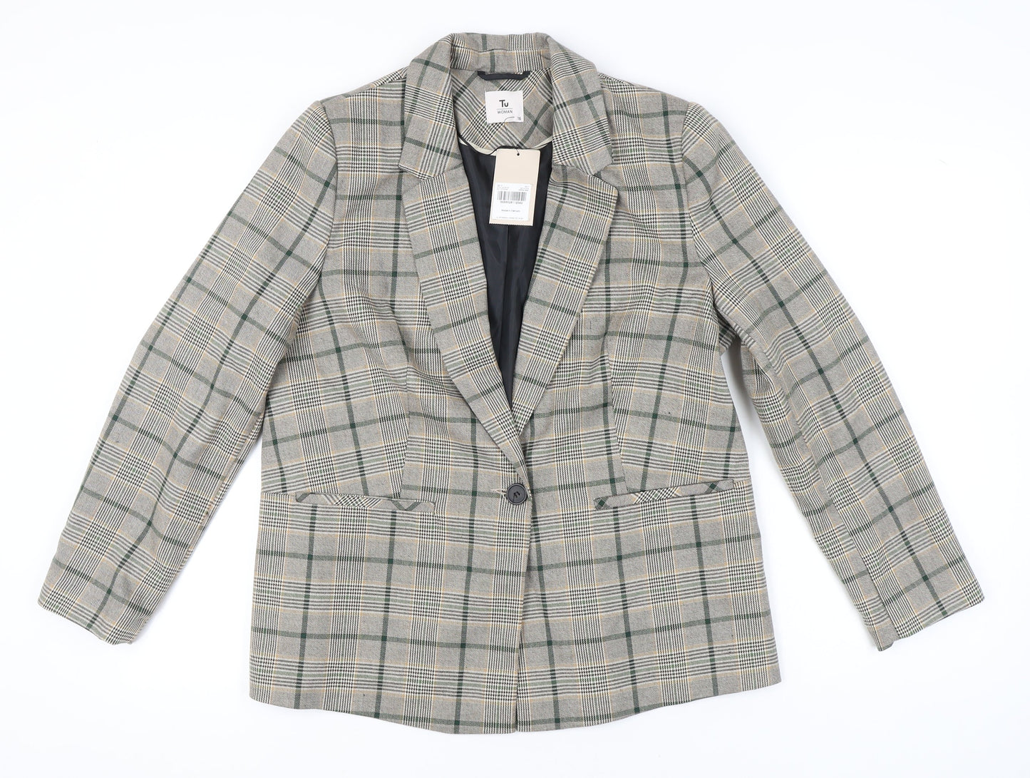 Tu Women Grey Check Blazer Size 16 Regular Fit Work Jacket