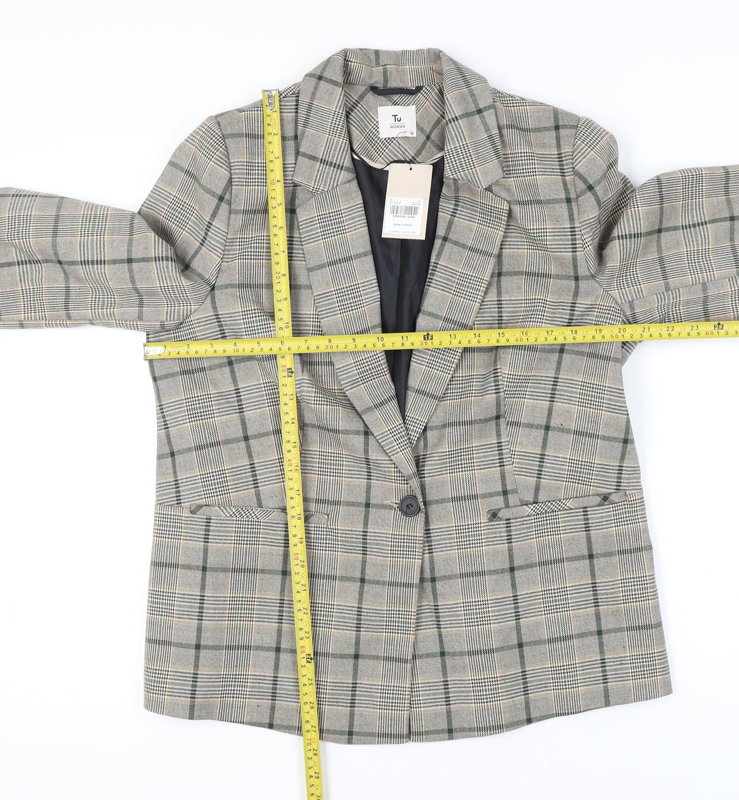 Tu Women Grey Check Blazer Size 16 Regular Fit Work Jacket