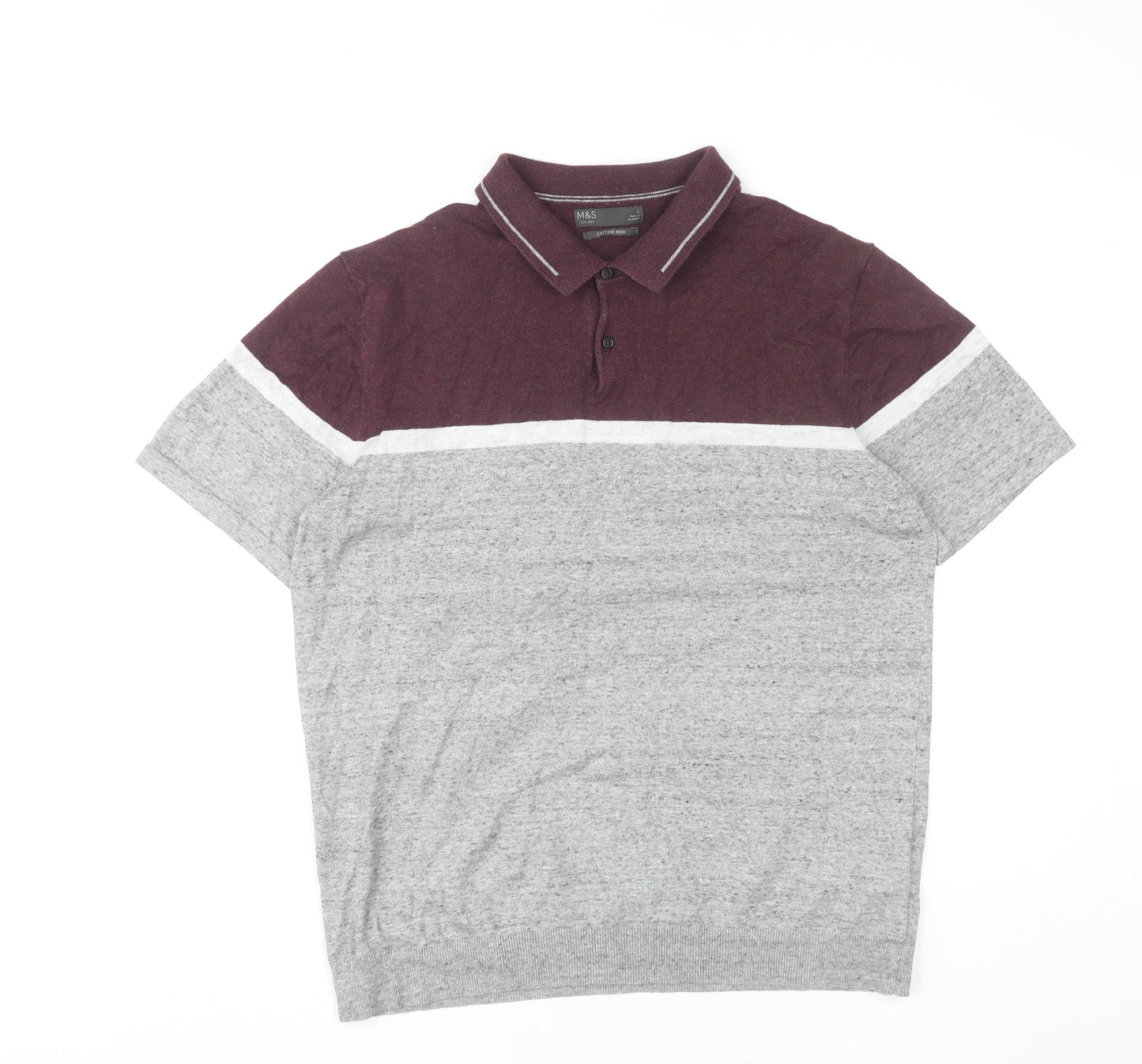Marks and Spencer Men’s Grey Red Colourblock Polo Shirt Size L