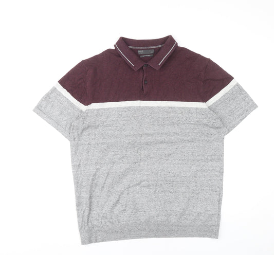 Marks and Spencer Men’s Grey Red Colourblock Polo Shirt Size L