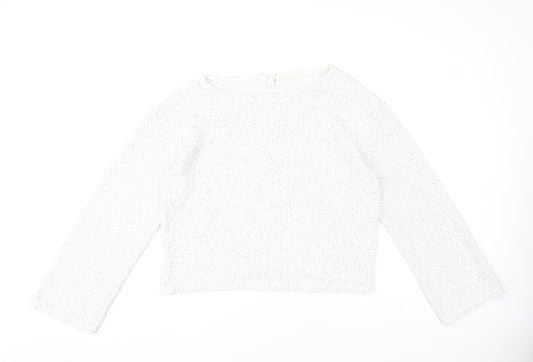 H&M Women’s White Boat Neck Open-Knit Cotton Jumper Size 12