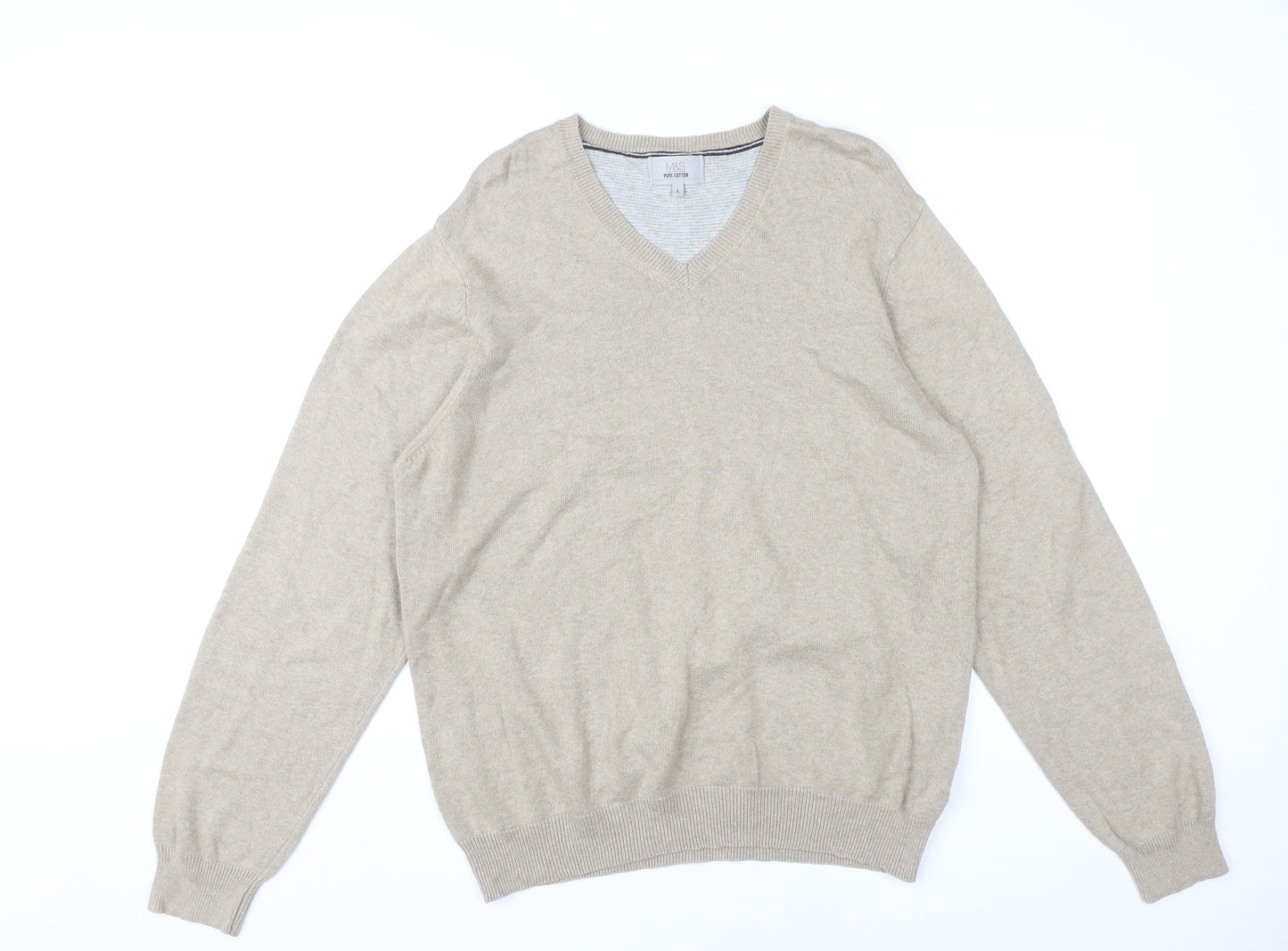 Marks and Spencer Mens Beige Cotton V-Neck Jumper Size L