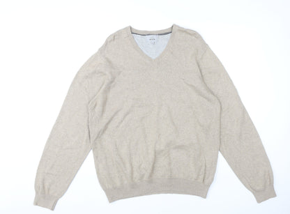 Marks and Spencer Mens Beige Cotton V-Neck Jumper Size L